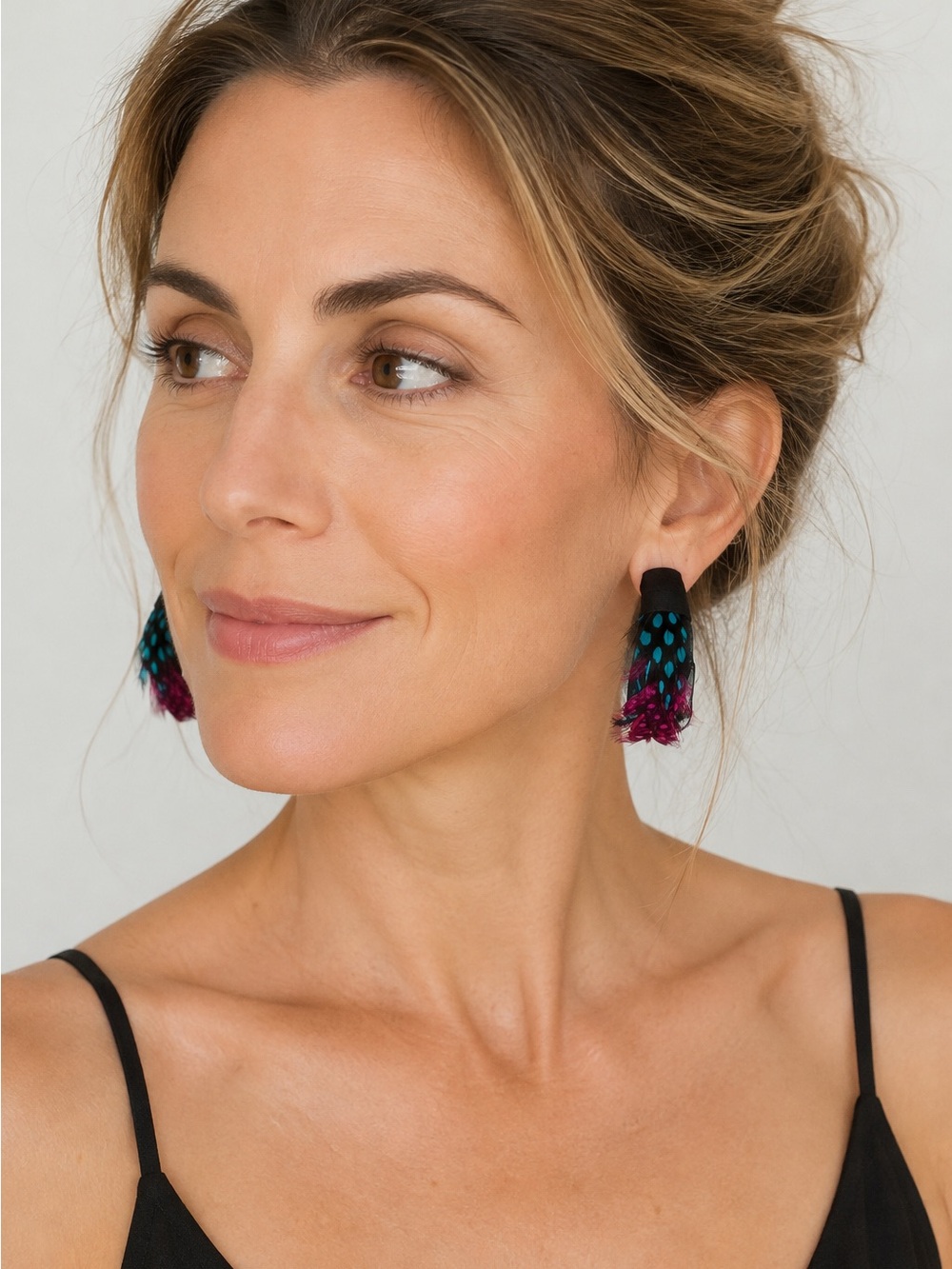 Multicolor Spotted Feather Hoop Earrings | Colorful Boho Statement Jewelry